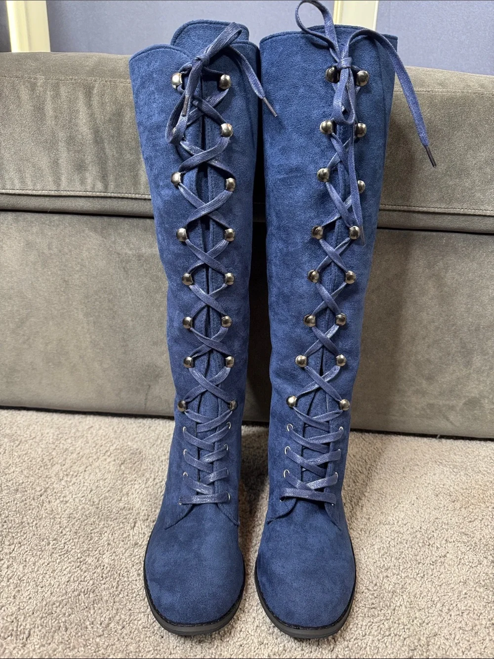 Tall Blue Faux Suede Lace-Up Women’s Boots Size 7 (38) NEW